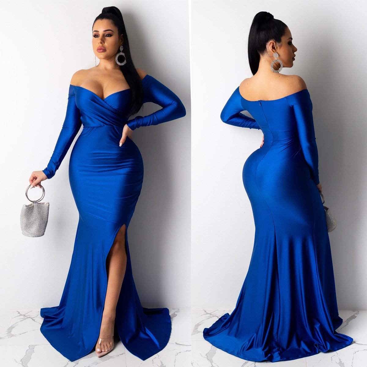 2024 New Arrival Women One Shoulder Evening Dresses Women Long Sleeve Solid Color Length Split V-neck Casual Dress