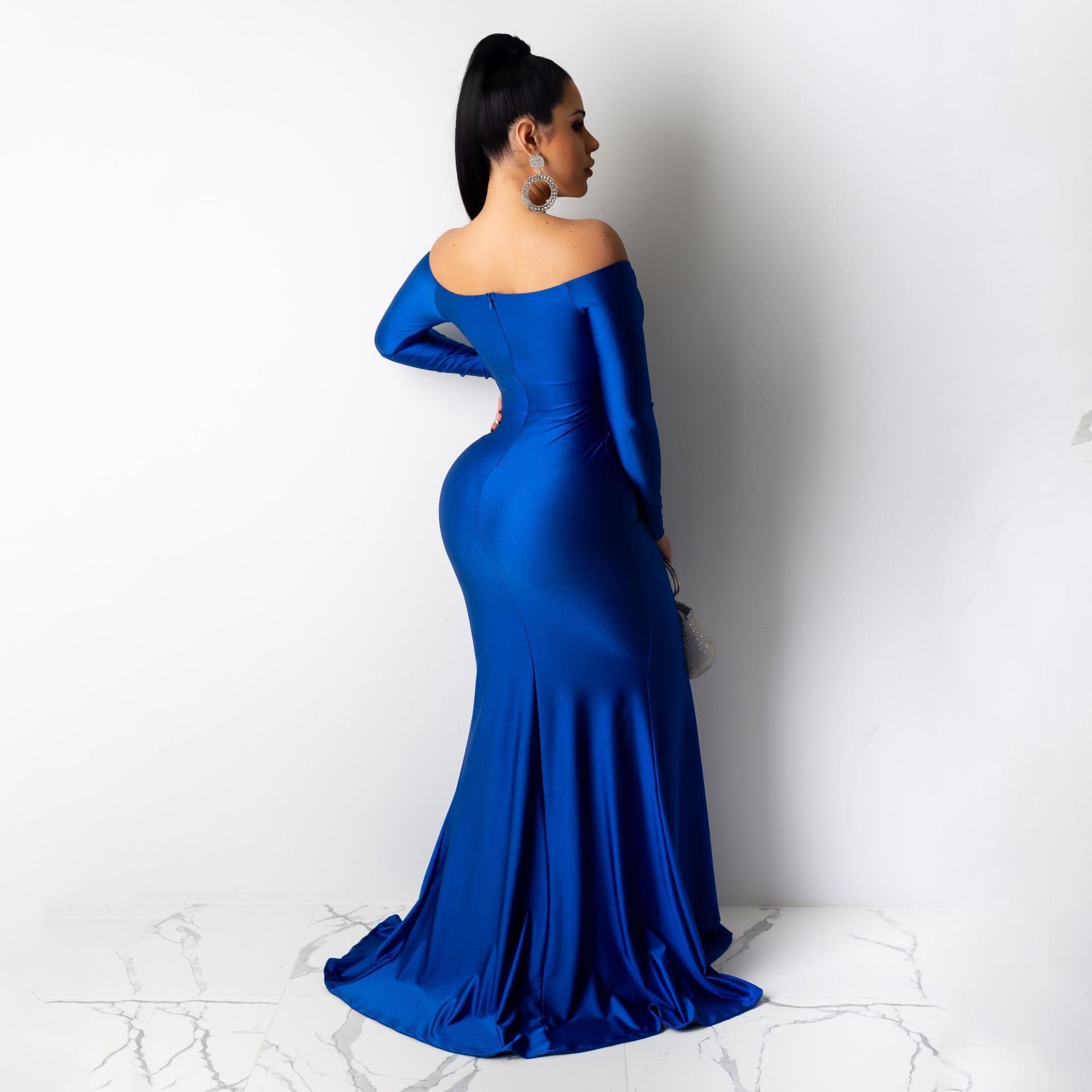2024 New Arrival Women One Shoulder Evening Dresses Women Long Sleeve Solid Color Length Split V-neck Casual Dress