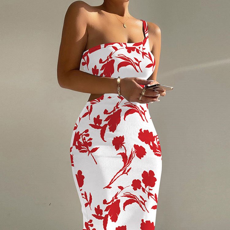 2024 New Design Womens Sexy Dress Hollow Out Sleeveless One Shoulder Floral Printed Dress Elegant Solid Dot Casual Dress
