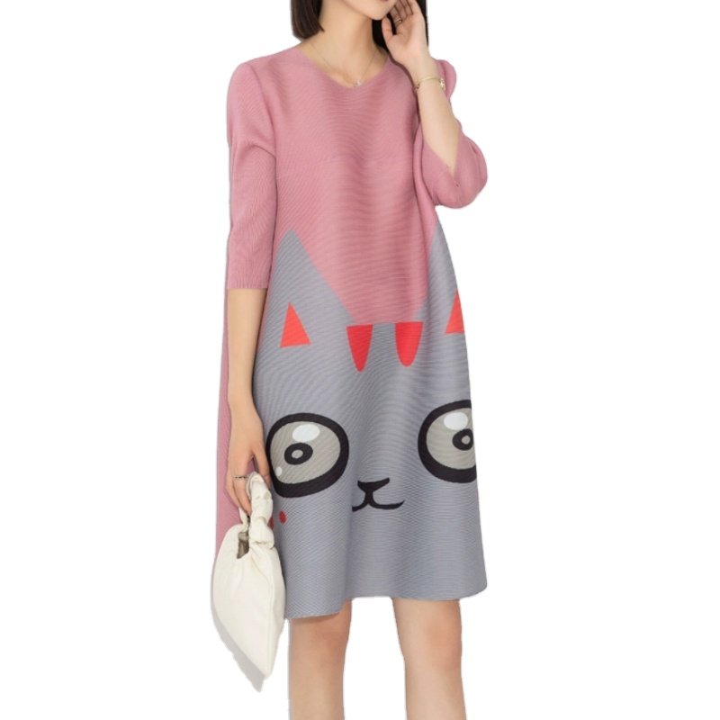 Summer cute print A-line pleated dress Elegant casual dress for women