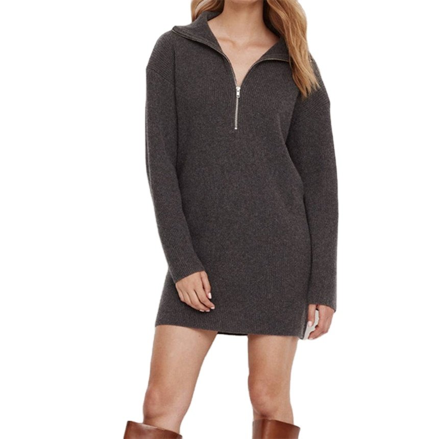 Fashion design Solid knit cozy casual cashmere sweater cashmere dress with quarter zip for women