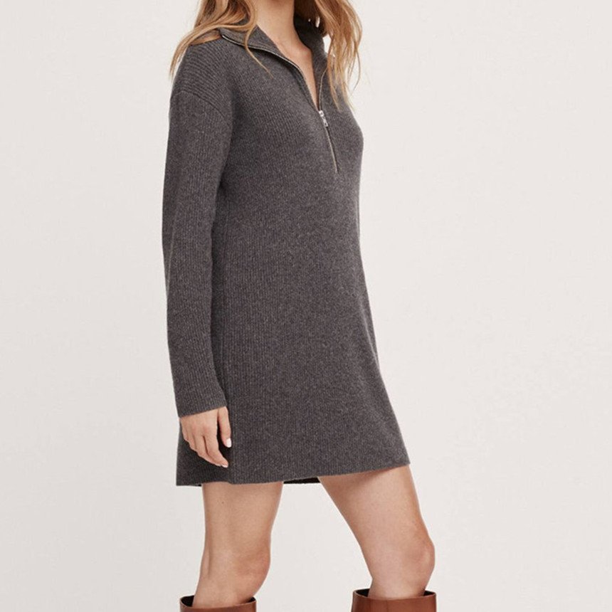 Fashion design Solid knit cozy casual cashmere sweater cashmere dress with quarter zip for women