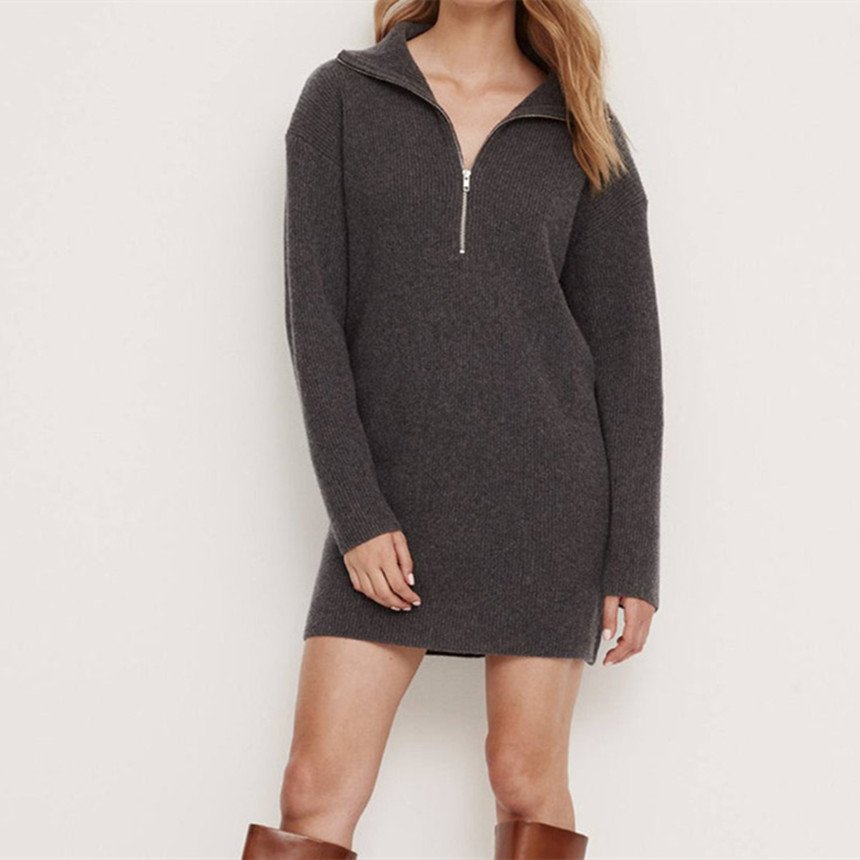 Fashion design Solid knit cozy casual cashmere sweater cashmere dress with quarter zip for women