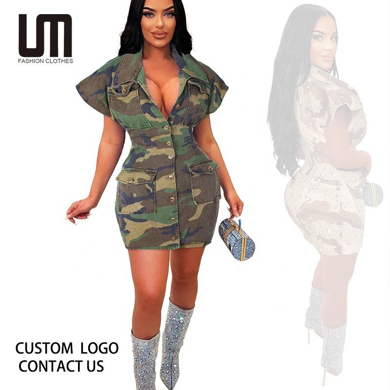 Liu Ming New Wholesale Summer Women Clothes Sexy Pocket Washed Cardigan Camouflage Tight Short Dress