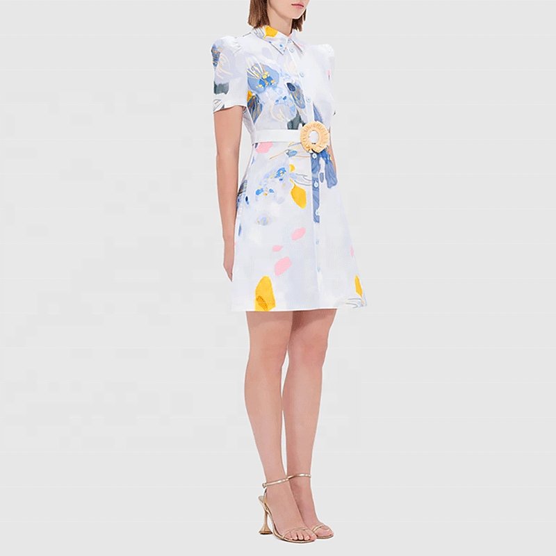 Custom Print Embroidery Stitching Bind Bowknot Summer Short V-neck Leisure Strip High Quality Casual Dress