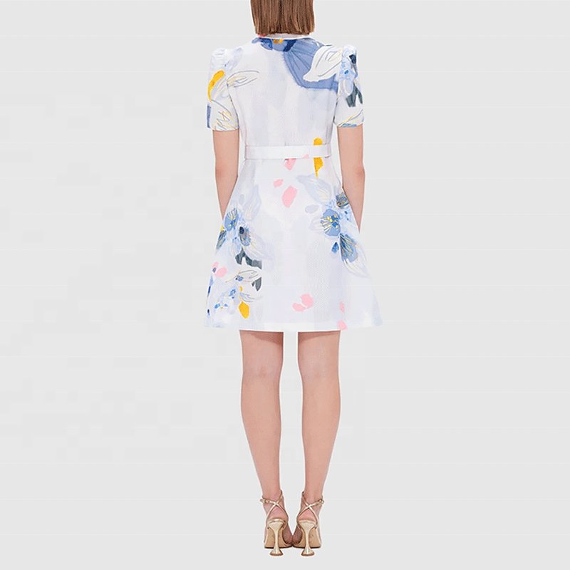 Custom Print Embroidery Stitching Bind Bowknot Summer Short V-neck Leisure Strip High Quality Casual Dress