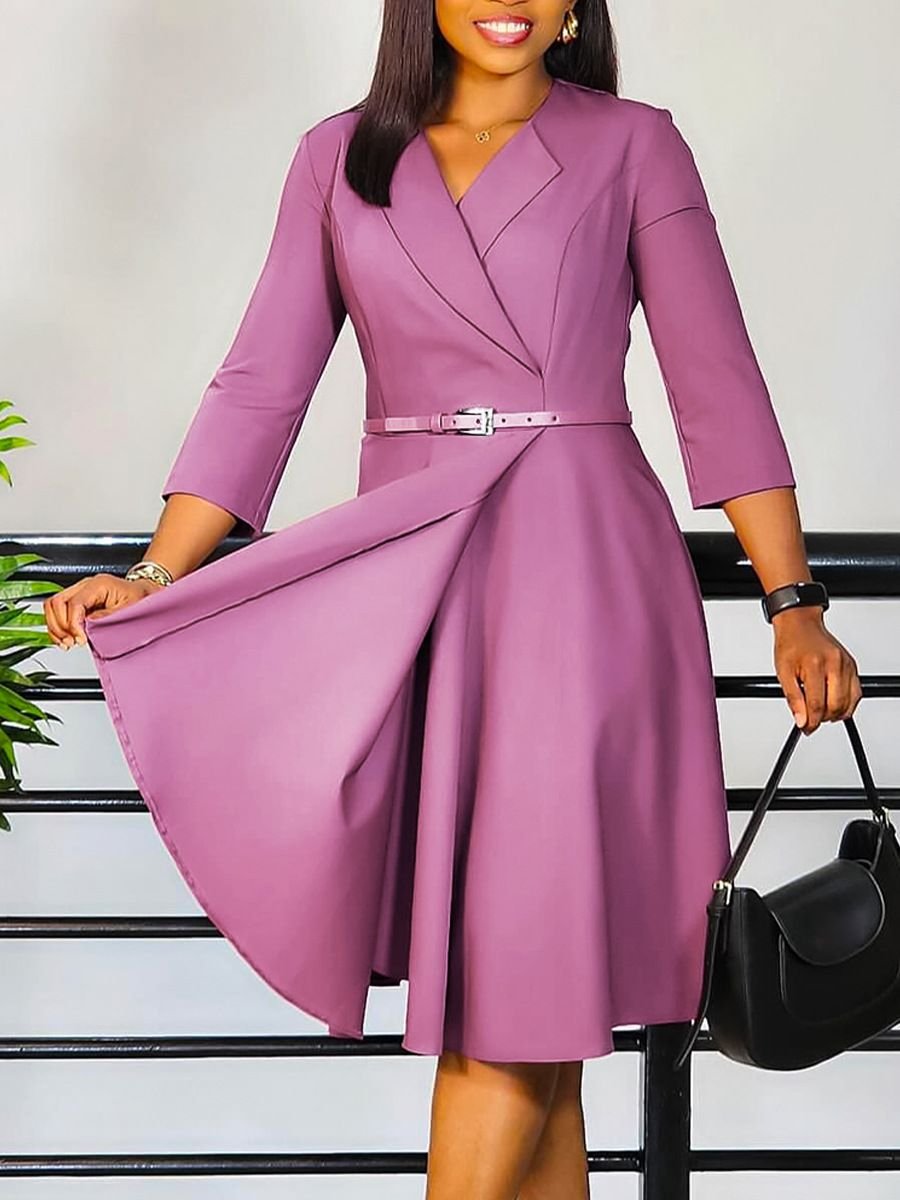 Office Ladies Dresses Slim Style Women Fashion Dresses Wholesale with Belt Elegant Summer Stand Casual Dresses Natural