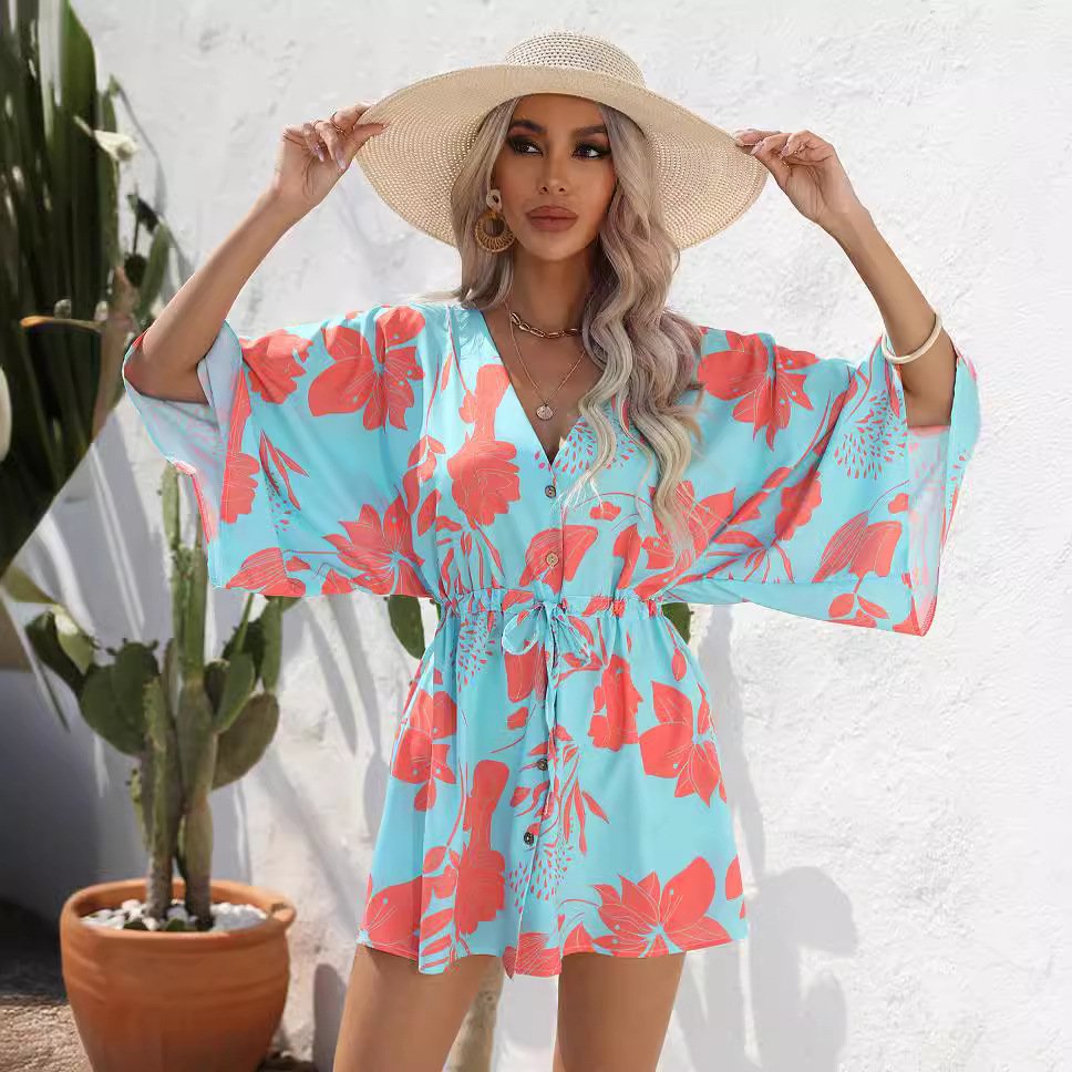 Casual Dresses 2024 Summer Hot Selling Five Quarter Sleeve V Neck Leaf Flower Print Mini Skirt Short Dress For Women