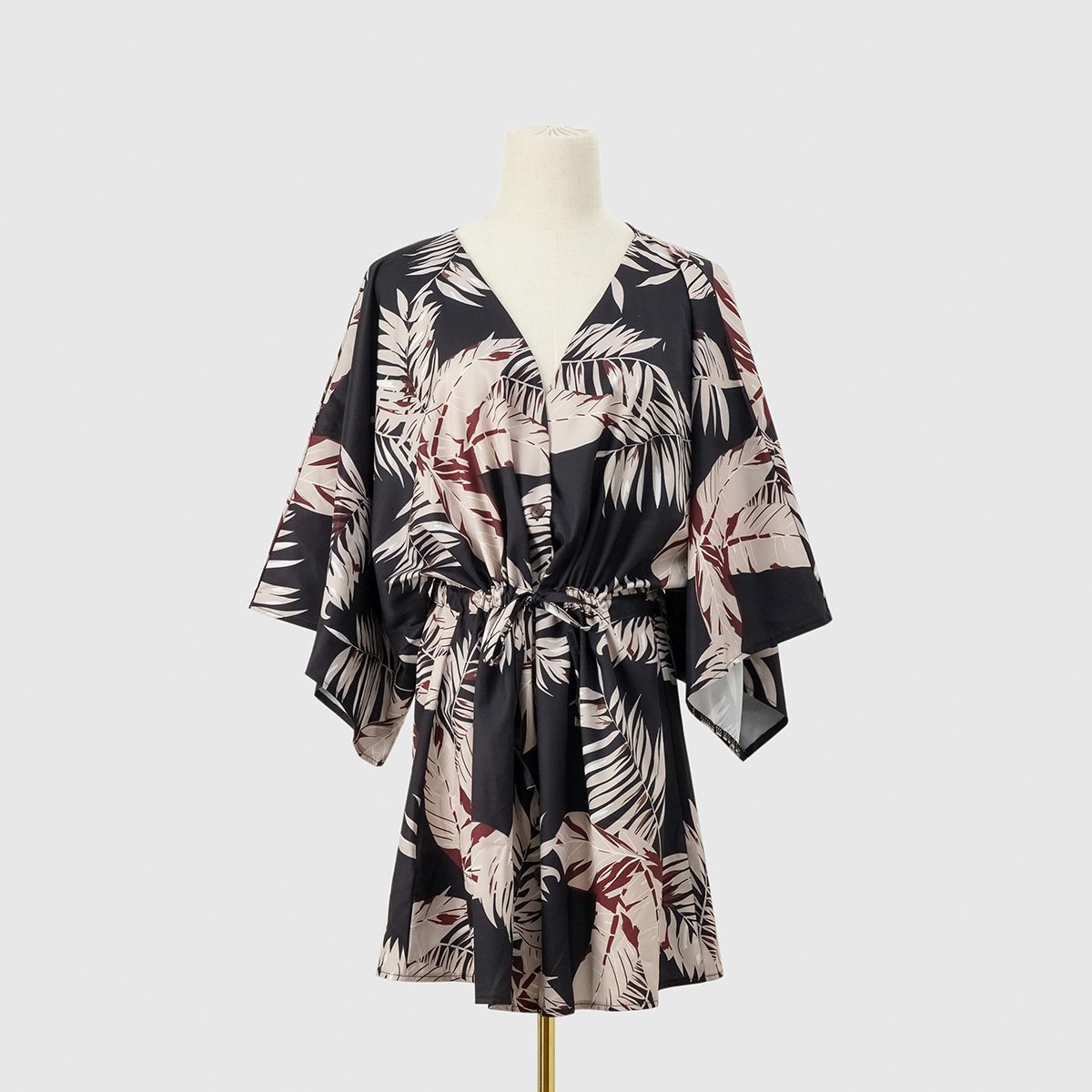 Casual Dresses 2024 Summer Hot Selling Five Quarter Sleeve V Neck Leaf Flower Print Mini Skirt Short Dress For Women