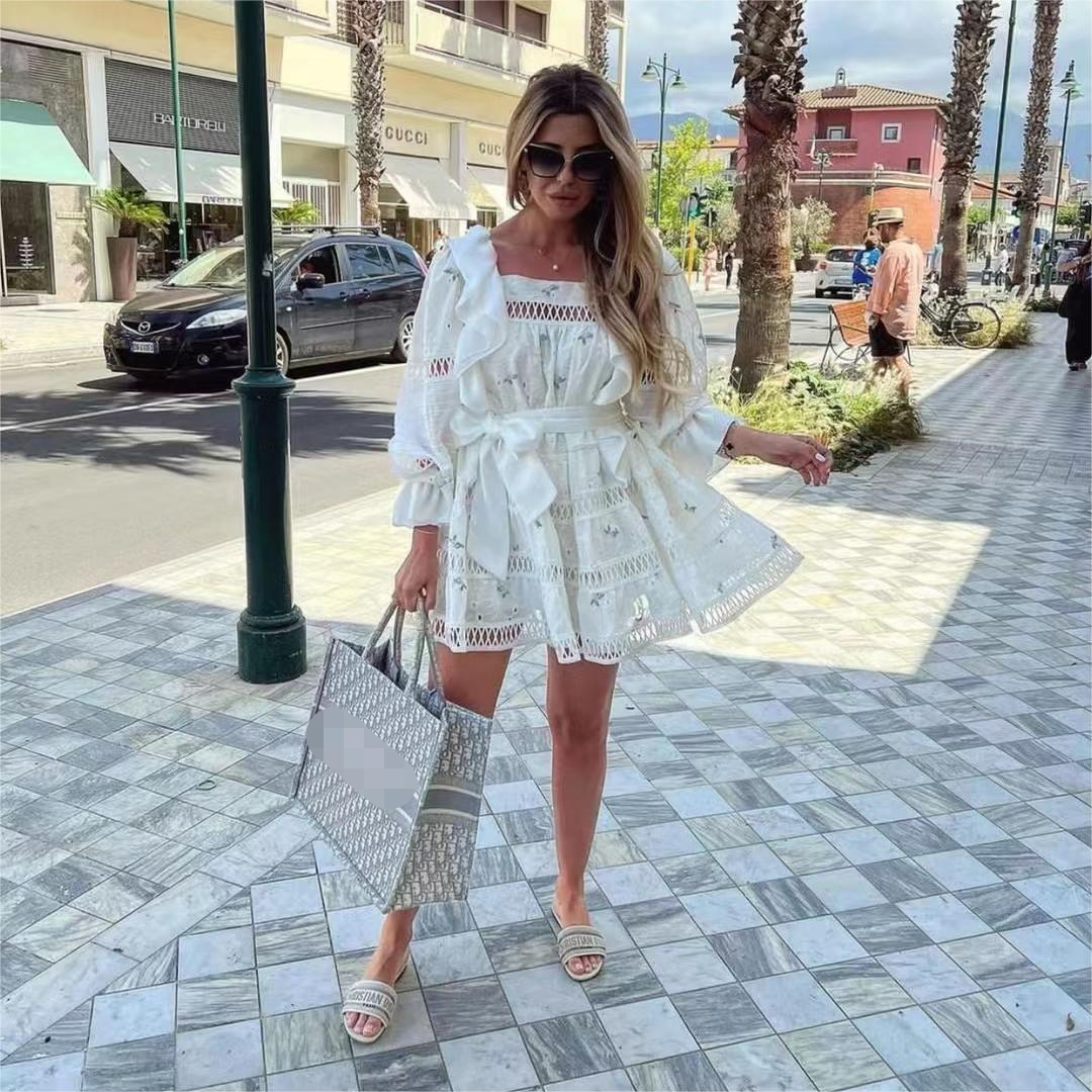 2023 Summer Australian Lady Holiday Style Square Collar Ruffled Lantern Sleeves Colorful Flower Embroidery Dress