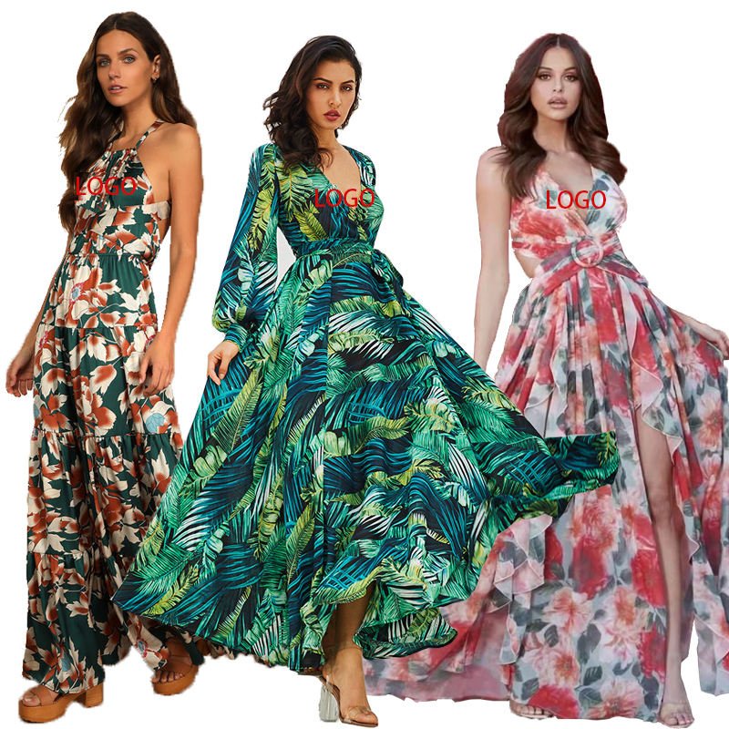 Custom Designs Floral Printed Vacation Beach Women Elegant Dresses Vintage Holiday Maxi Long Dress Summer Casual Dresses