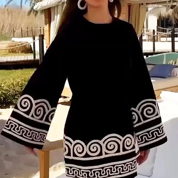 2023 Summer New Product Launch Women Dress Crew Neck Embroidery Pullover Striped Long Sleeve Mini Dress Elegant Casual Dress