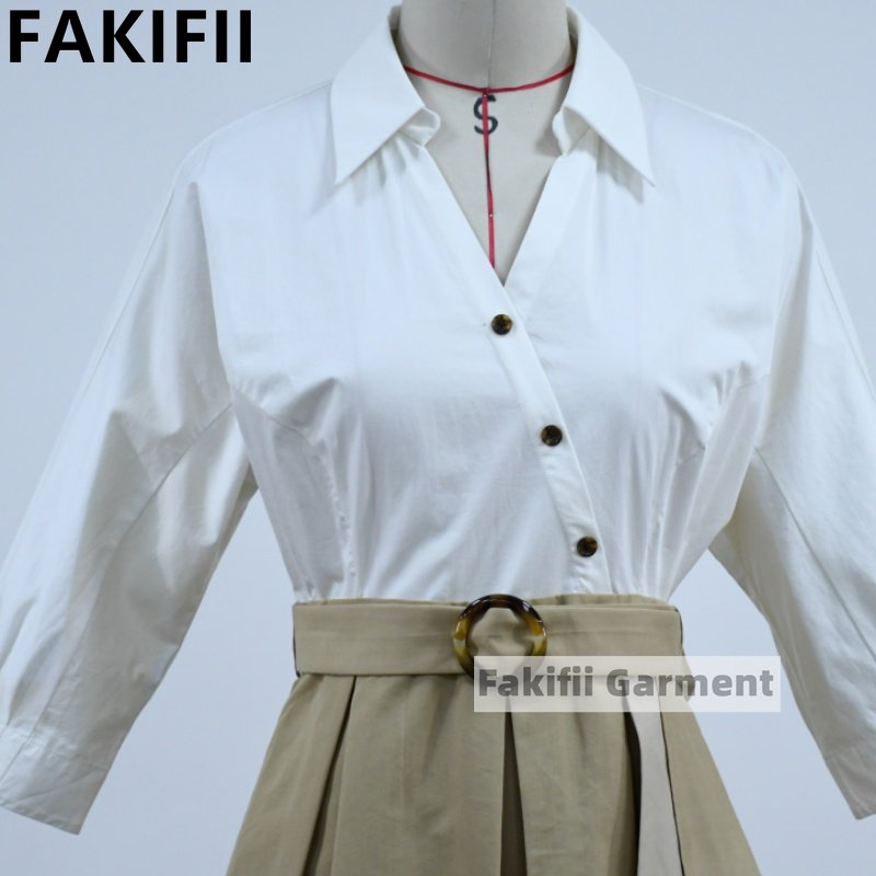 2024 Brand Fashion Summer New Patchwork Color Custom Cotton V-neck Office Dress Casual Midi Ladies Dress Elegant