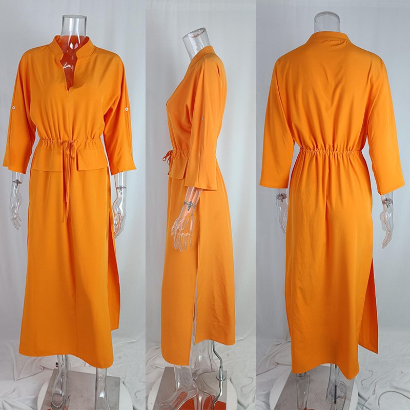 2023 Spring Elegant Women Long Dress Solid Color Ladies Casual Split Ruched Maxi Dress
