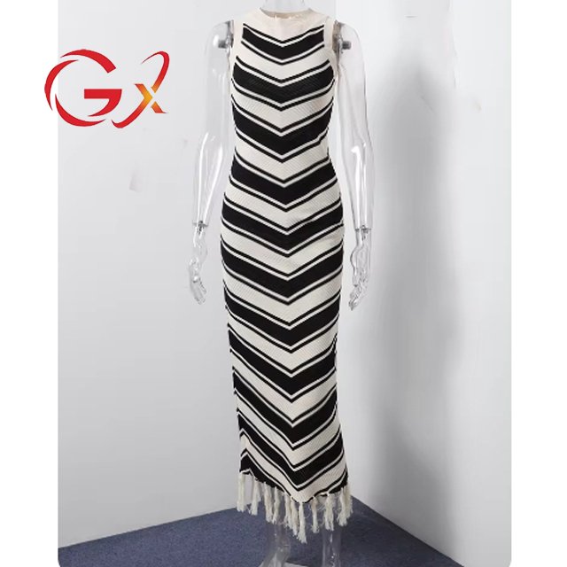 GX2407 Fashion 2024 Summer clothes boutique sexy sleeveless color patchwork long tassel dress elegant knitted strip maxi dresses