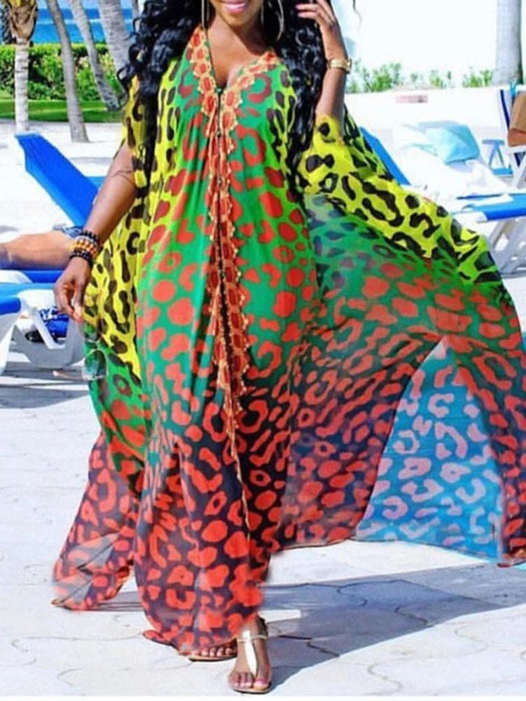 Summer Women clothes long-sleeved V-neck plus size african women loose waist plus size loose chiffon maxi long gown casual dress
