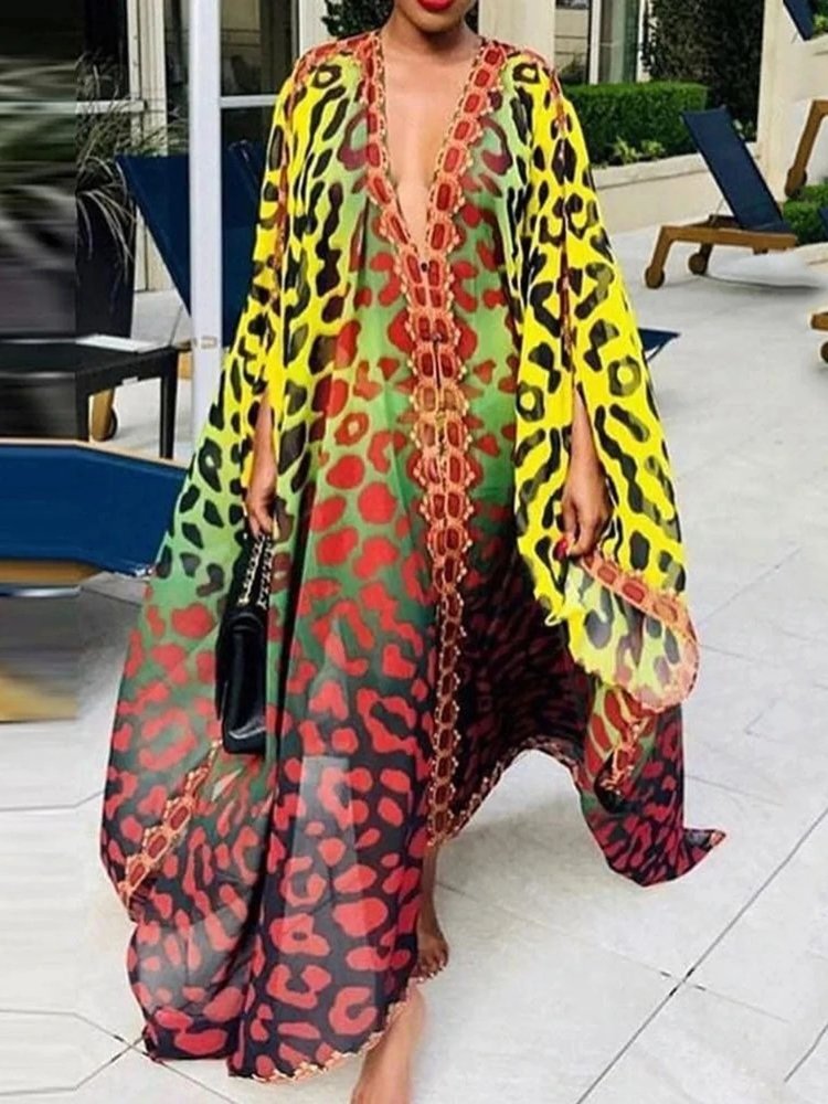 Summer Women clothes long-sleeved V-neck plus size african women loose waist plus size loose chiffon maxi long gown casual dress