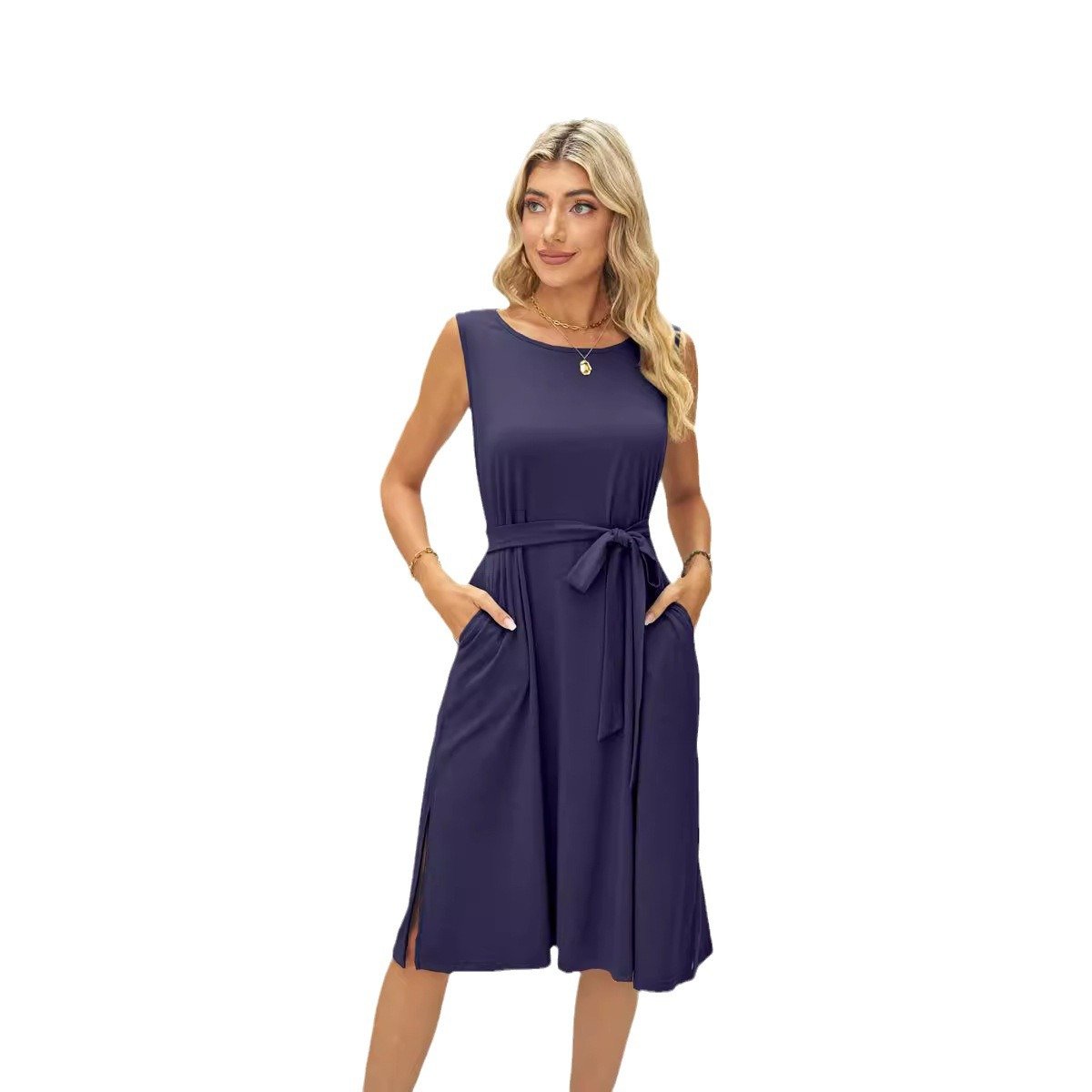 Mid-Length Casual Dress with Sleeveless Design and Belt Pocket Wholesale Split Usage