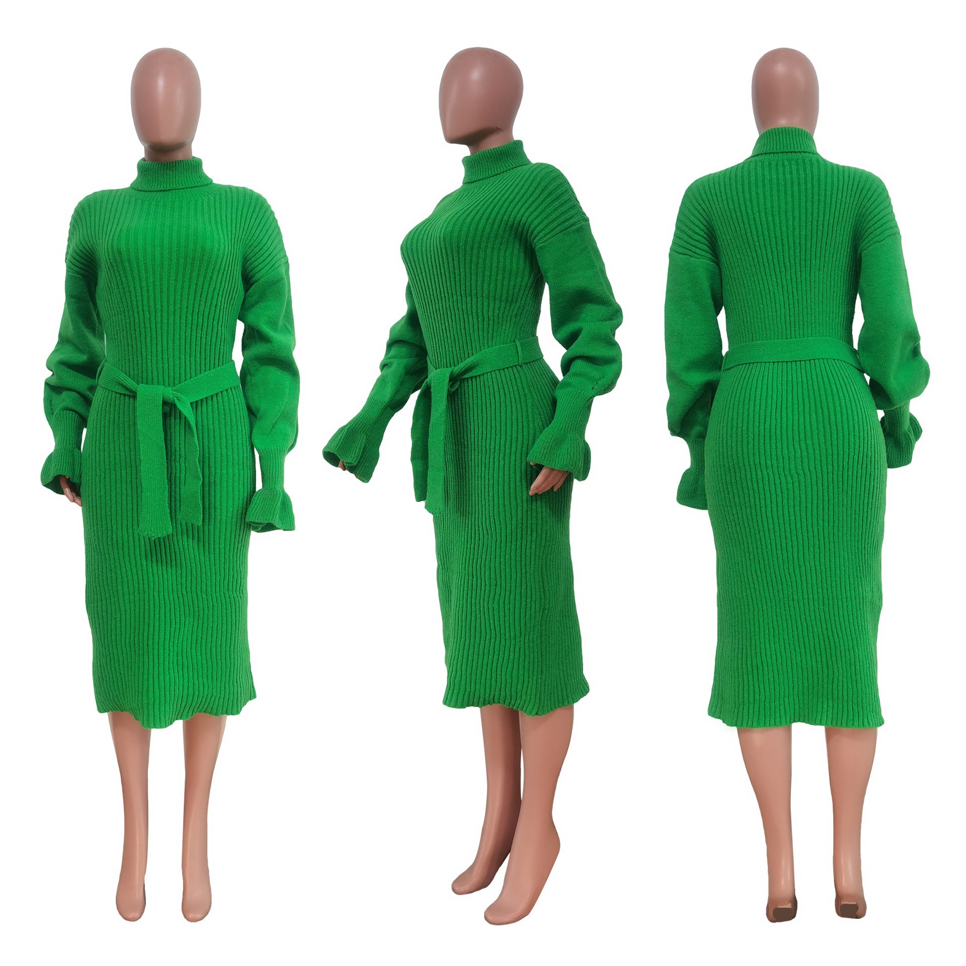 New Fashion Casual High Collar Sweater Dresses Women Clothing Fall Winter Knit Solid Long Sleeve Long Sexy Bodycon Ladies Dress