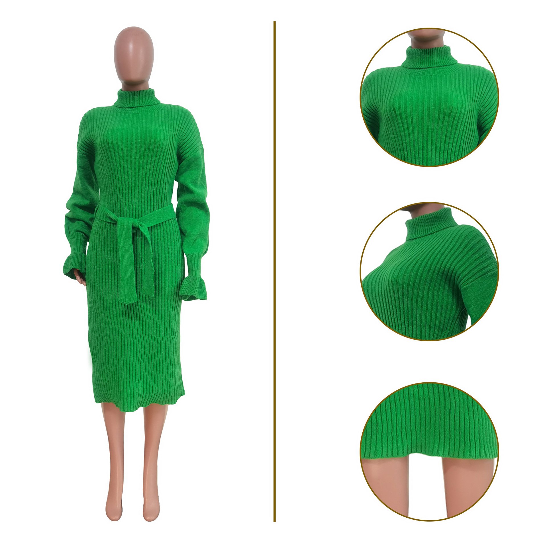 New Fashion Casual High Collar Sweater Dresses Women Clothing Fall Winter Knit Solid Long Sleeve Long Sexy Bodycon Ladies Dress