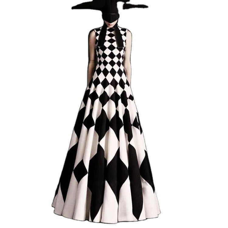 Spring and summer new fashion simple style rhombus plaid super swing dress