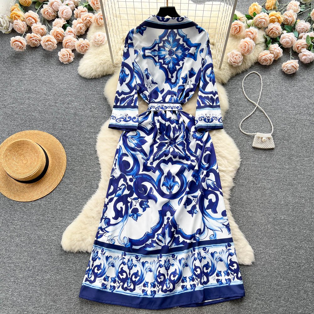 Elegant Mayorika Printed Dress Women Fashion Lapel Slim A-line Long Robe Ladies Summer Short Sleeve Vintage Casual Shirt Dresses
