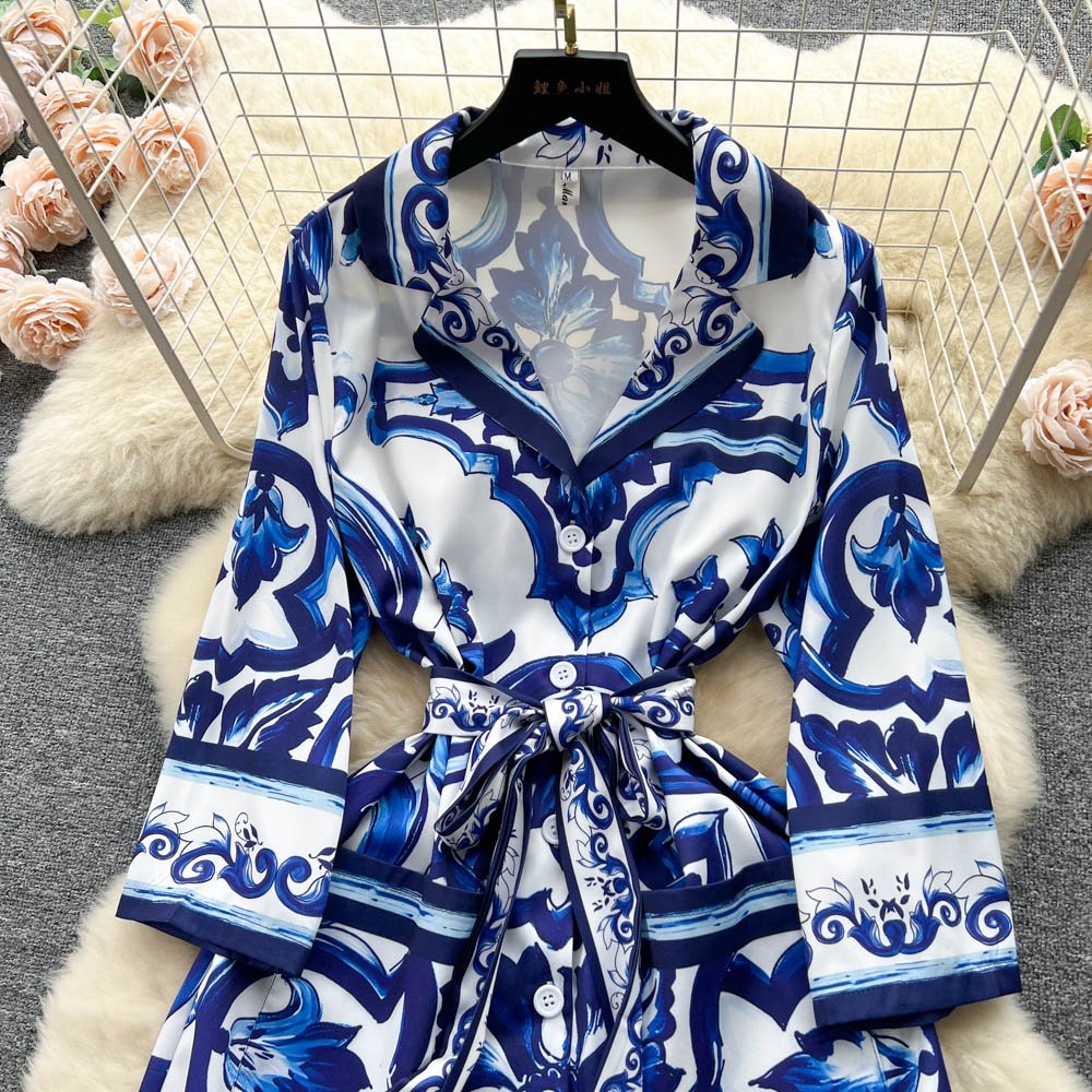 Elegant Mayorika Printed Dress Women Fashion Lapel Slim A-line Long Robe Ladies Summer Short Sleeve Vintage Casual Shirt Dresses