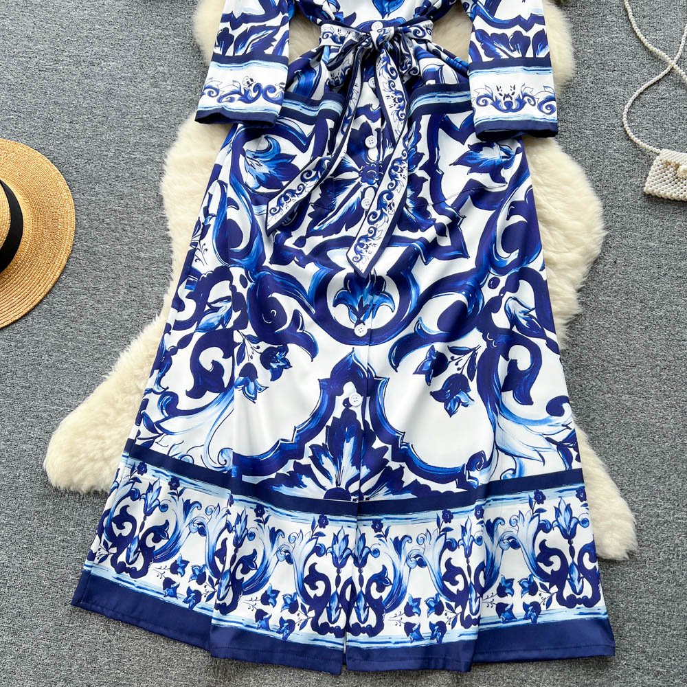 Elegant Mayorika Printed Dress Women Fashion Lapel Slim A-line Long Robe Ladies Summer Short Sleeve Vintage Casual Shirt Dresses