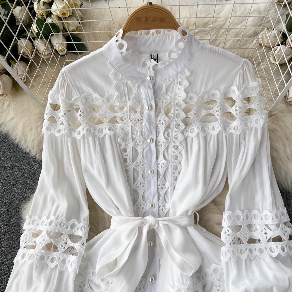 LE2351 French Court Style Embroidery Mini Casual Dress Women Elegant Neckline Hollow Hook Flower Lace Evening Dress Female