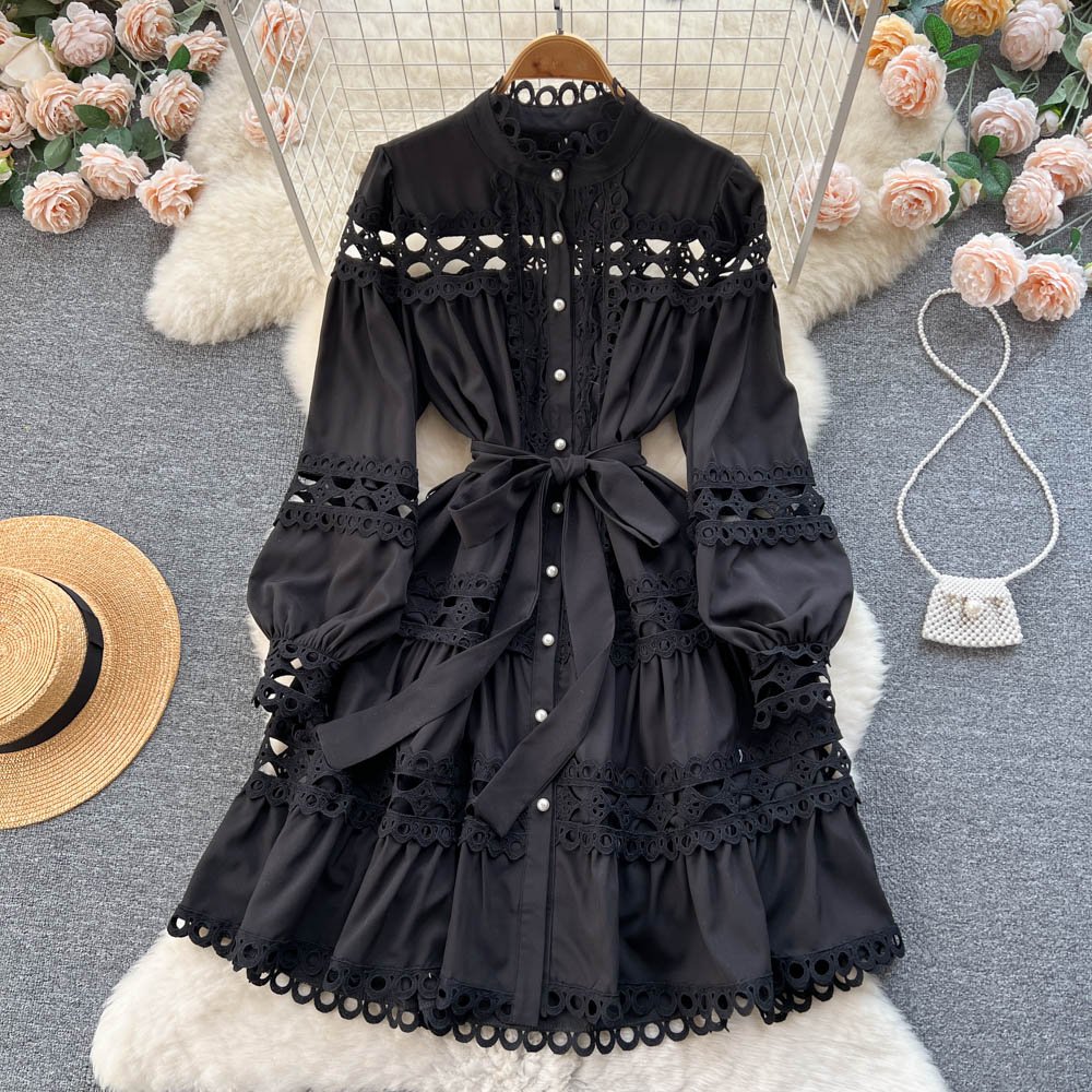 LE2351 French Court Style Embroidery Mini Casual Dress Women Elegant Neckline Hollow Hook Flower Lace Evening Dress Female