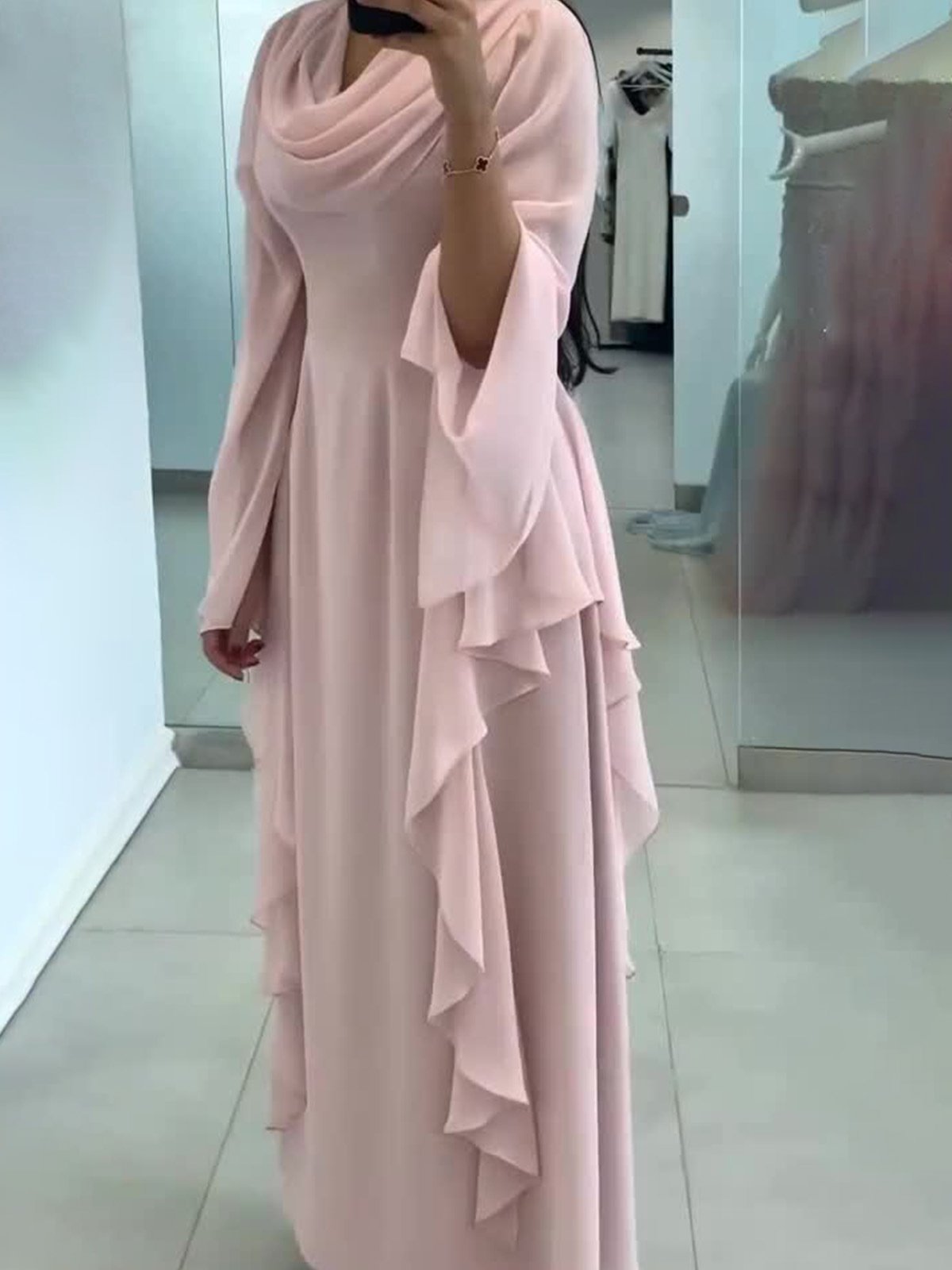 Dusty pink pastel color polyester fabric Ruffle sleeve midi waist Stacked neck casual dress for women