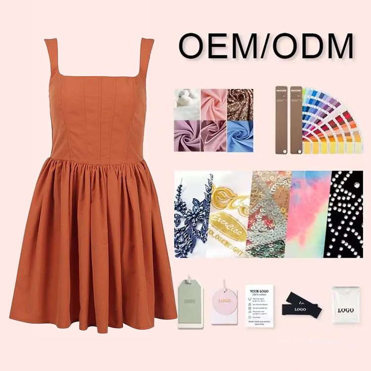 OEM Brand Logo Custom Designer Square Collar New Summer Pleated Dress Puff Sleeve Plus Size 100% Cotton Mini Short Woman Dress