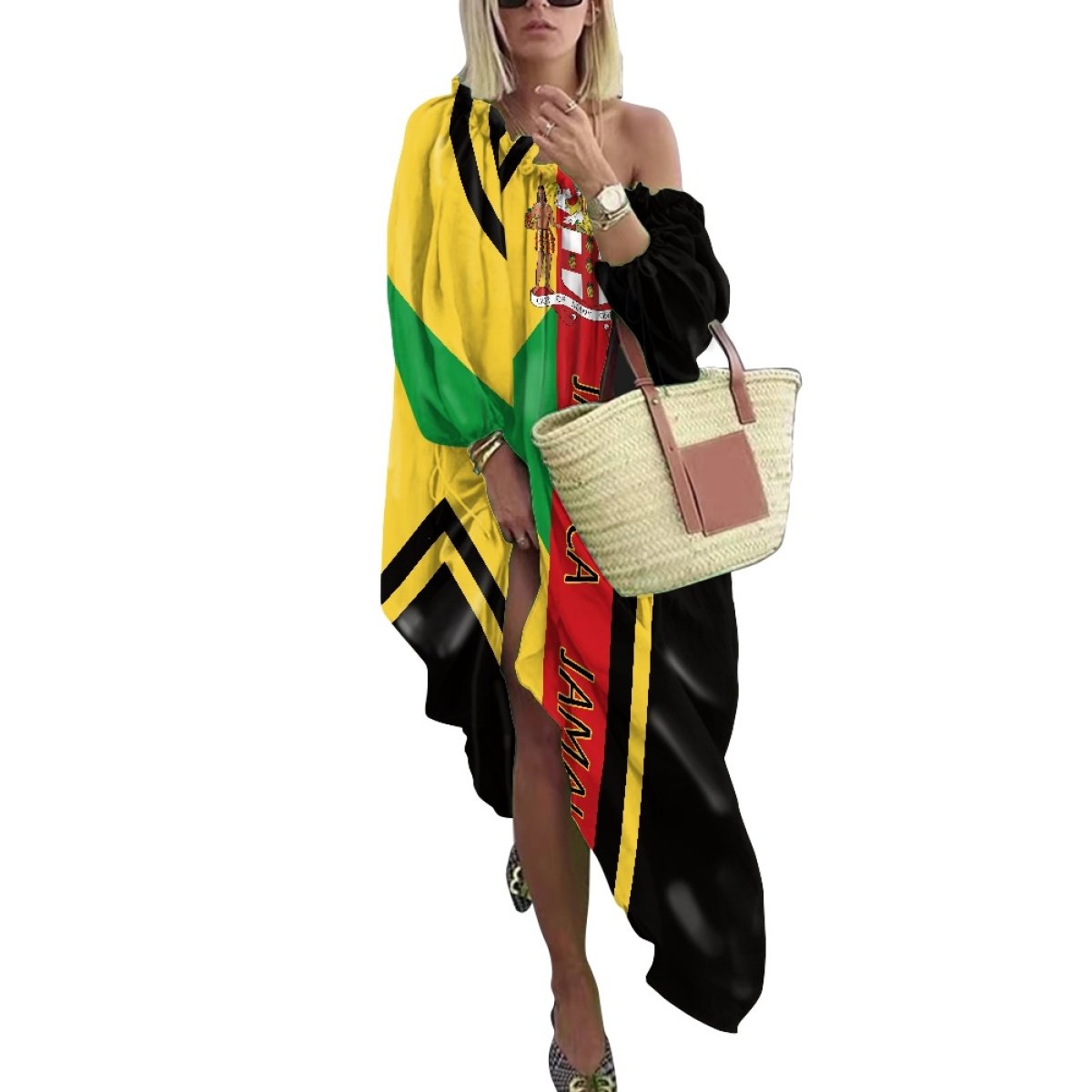 Custom Patriotic Jamaica Flag Chiffon Dress Sexy V Neck Green Yellow Print Pretty Dresses Ladies Street Wear Casual Dress Gift