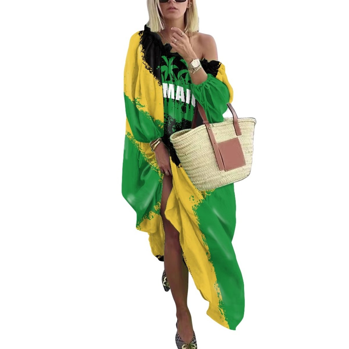 Custom Patriotic Jamaica Flag Chiffon Dress Sexy V Neck Green Yellow Print Pretty Dresses Ladies Street Wear Casual Dress Gift