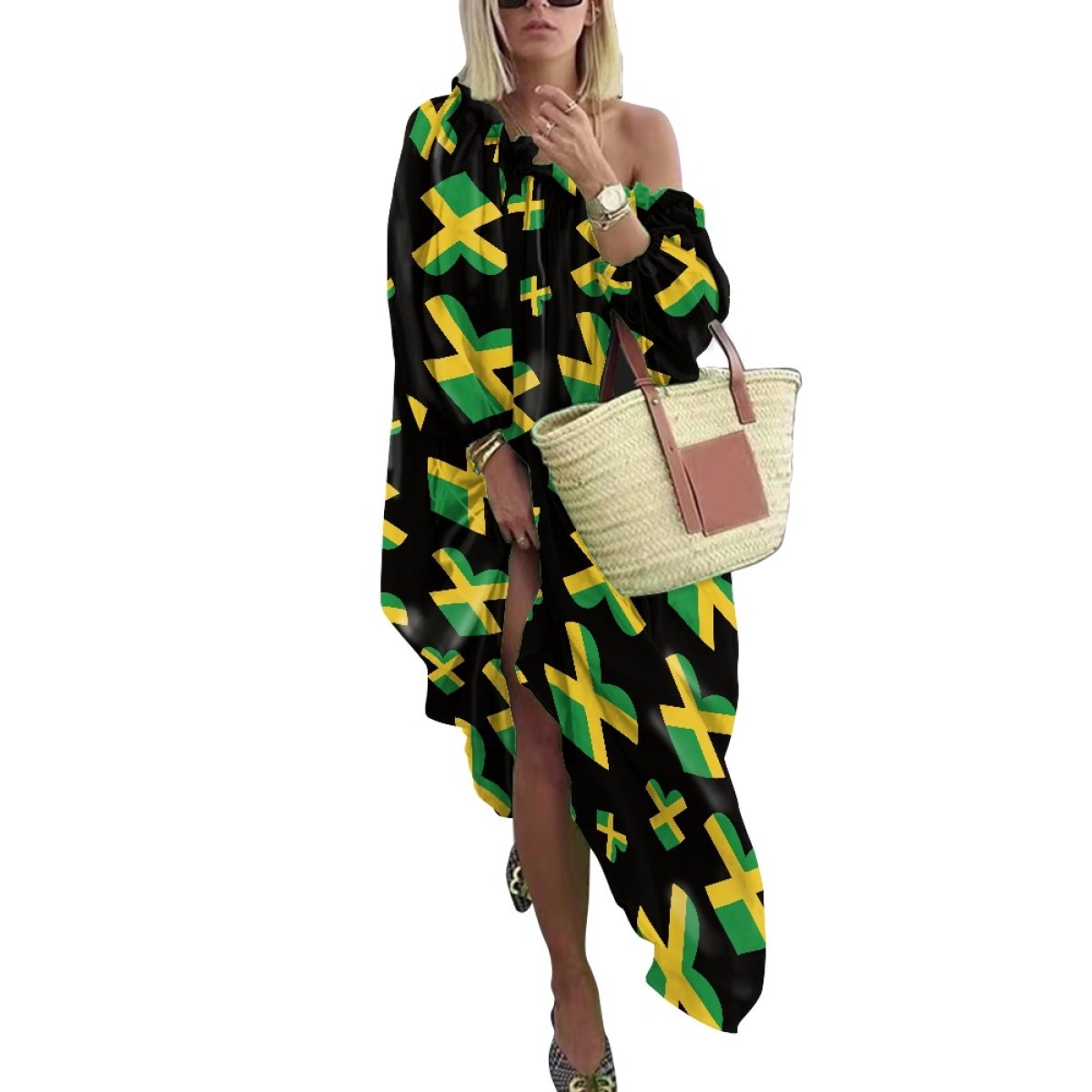 Custom Patriotic Jamaica Flag Chiffon Dress Sexy V Neck Green Yellow Print Pretty Dresses Ladies Street Wear Casual Dress Gift