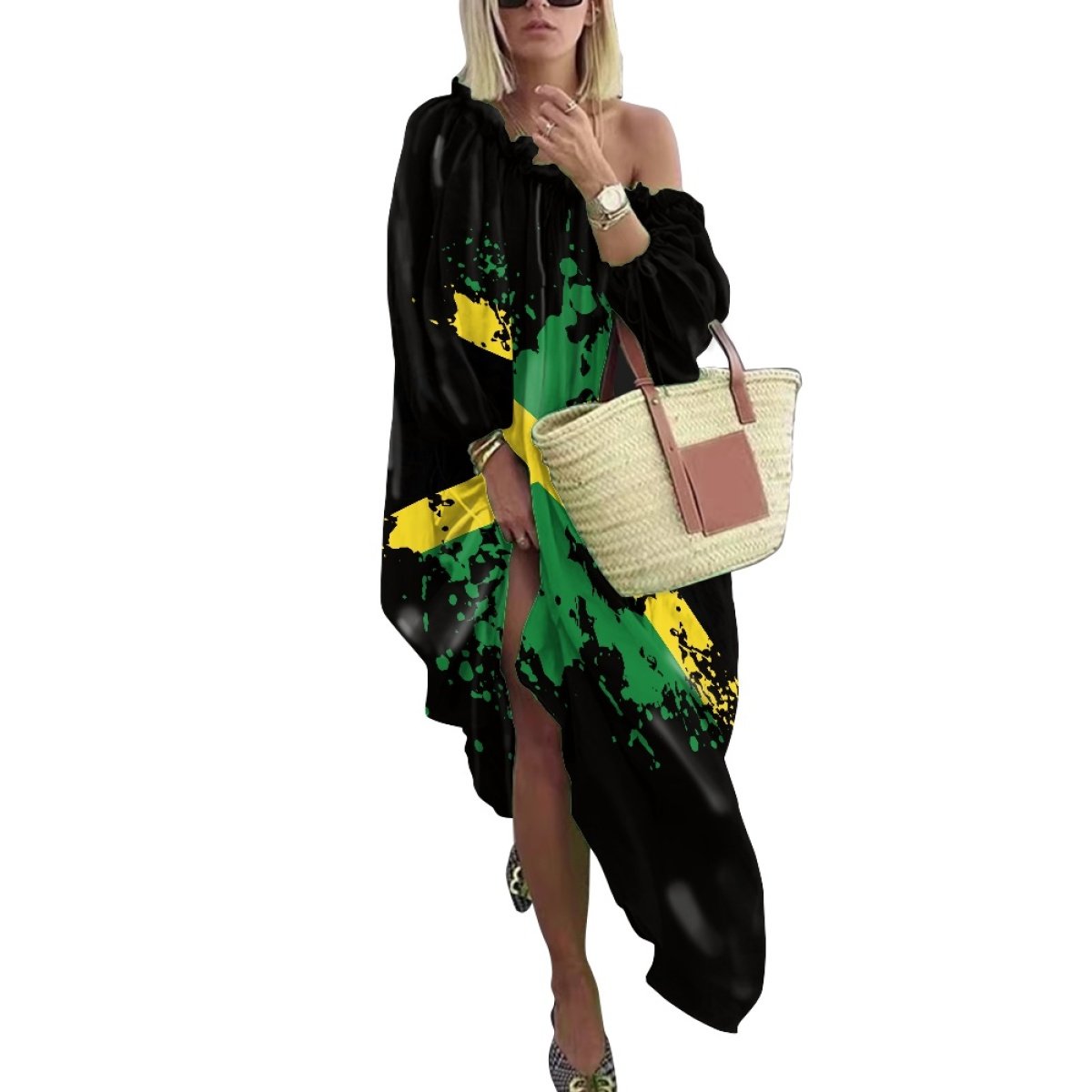 Custom Patriotic Jamaica Flag Chiffon Dress Sexy V Neck Green Yellow Print Pretty Dresses Ladies Street Wear Casual Dress Gift