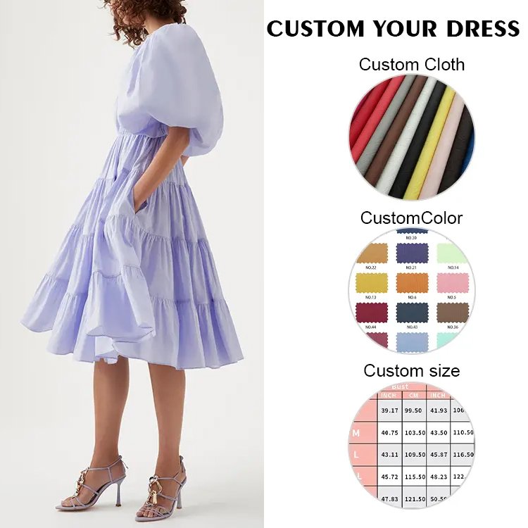 Customization Cotton Linen Dresses Holiday Balloon Sleeve Ruffles Midi Smocking Summer Casual Dress For Ladies