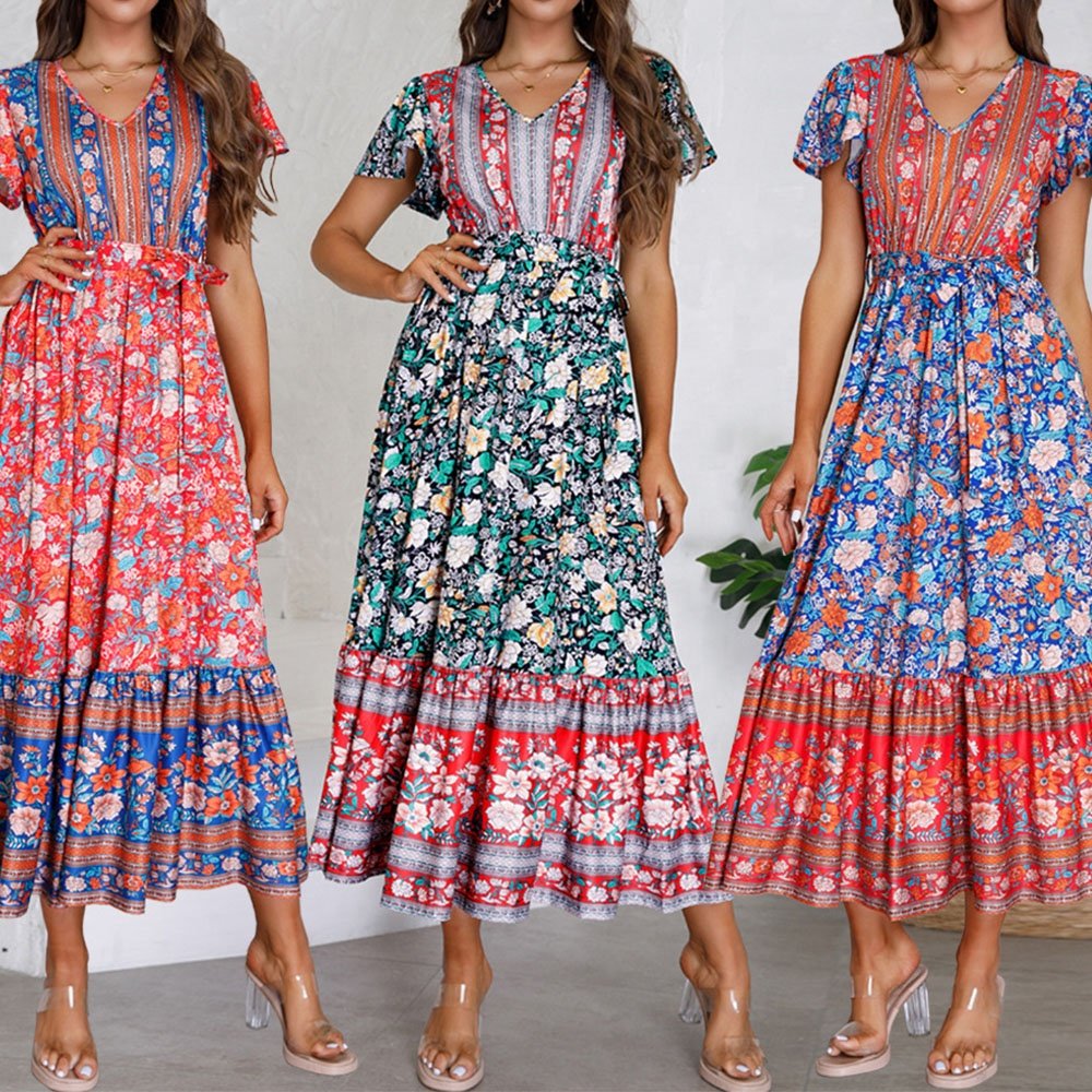 New Fashion 2024 Summer V-neck Dresses For Women Lotus Leaf Short Sleeve Ladies Casual Dresses Floral Printed Women Dress