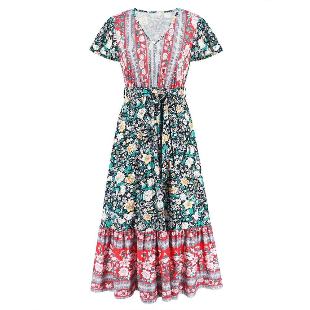 New Fashion 2024 Summer V-neck Dresses For Women Lotus Leaf Short Sleeve Ladies Casual Dresses Floral Printed Women Dress