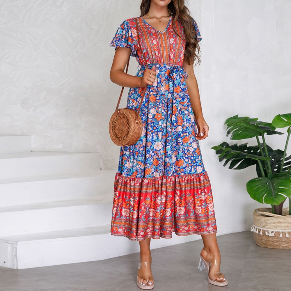 New Fashion 2024 Summer V-neck Dresses For Women Lotus Leaf Short Sleeve Ladies Casual Dresses Floral Printed Women Dress