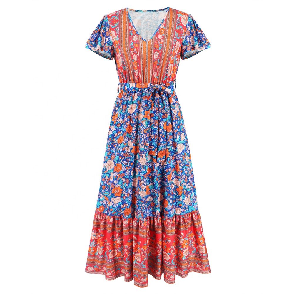 New Fashion 2024 Summer V-neck Dresses For Women Lotus Leaf Short Sleeve Ladies Casual Dresses Floral Printed Women Dress