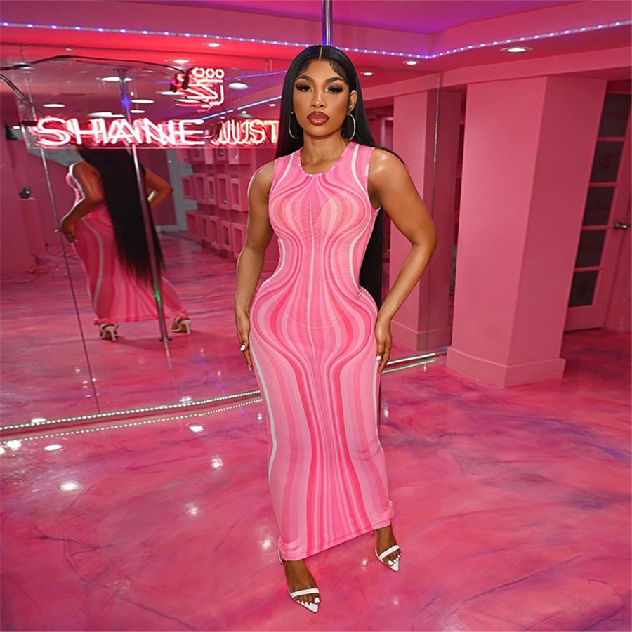 Mesh See Through Damaskeen Pattern Sleeveless Maxi Dress Women Casual Dresses neon maxi dress ladies casual 2022 new