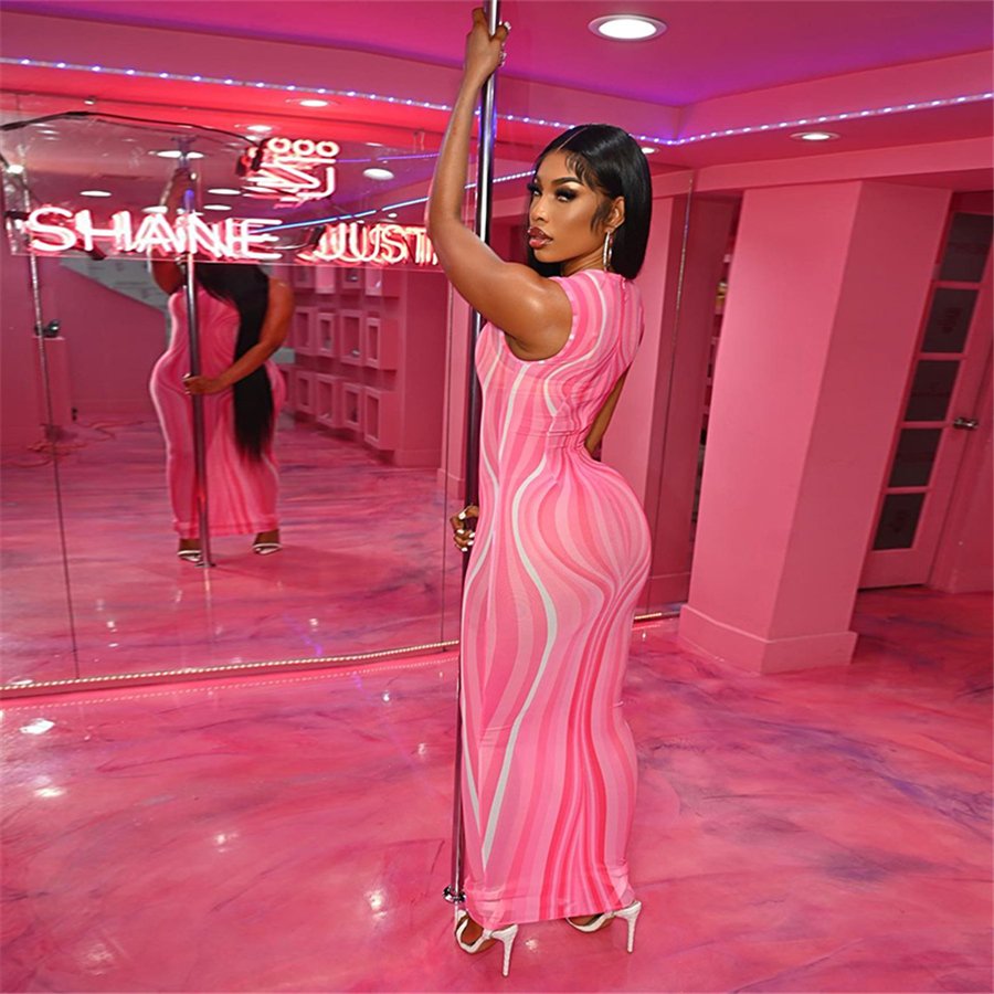 Mesh See Through Damaskeen Pattern Sleeveless Maxi Dress Women Casual Dresses neon maxi dress ladies casual 2022 new