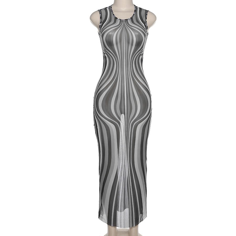 Mesh See Through Damaskeen Pattern Sleeveless Maxi Dress Women Casual Dresses neon maxi dress ladies casual 2022 new