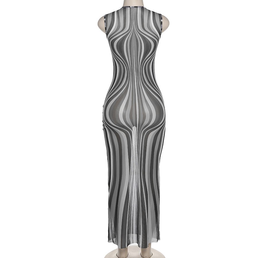 Mesh See Through Damaskeen Pattern Sleeveless Maxi Dress Women Casual Dresses neon maxi dress ladies casual 2022 new
