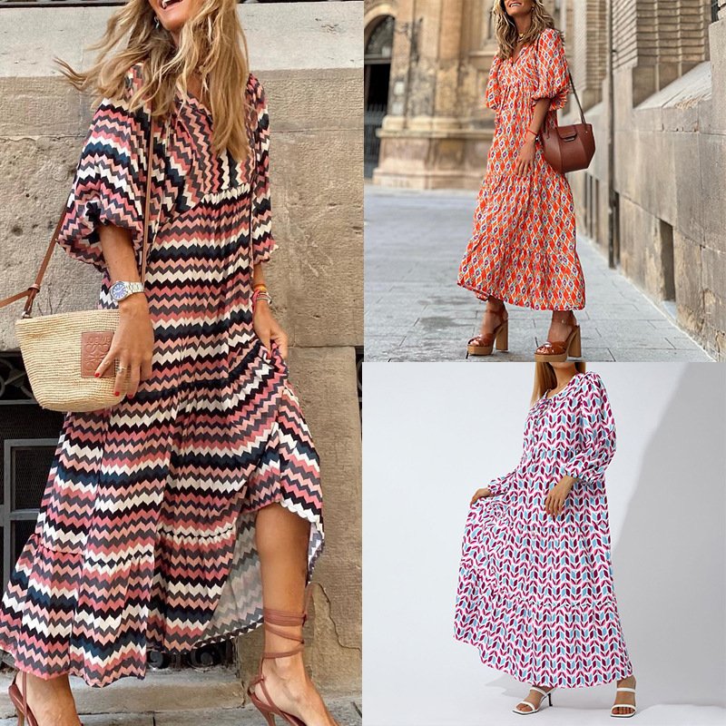 2024 new arrivals Puff Sleeve Maxi Elegant elbise Party Women Summer Casual Beach Floral V-neck Loose Holiday Boho Dress