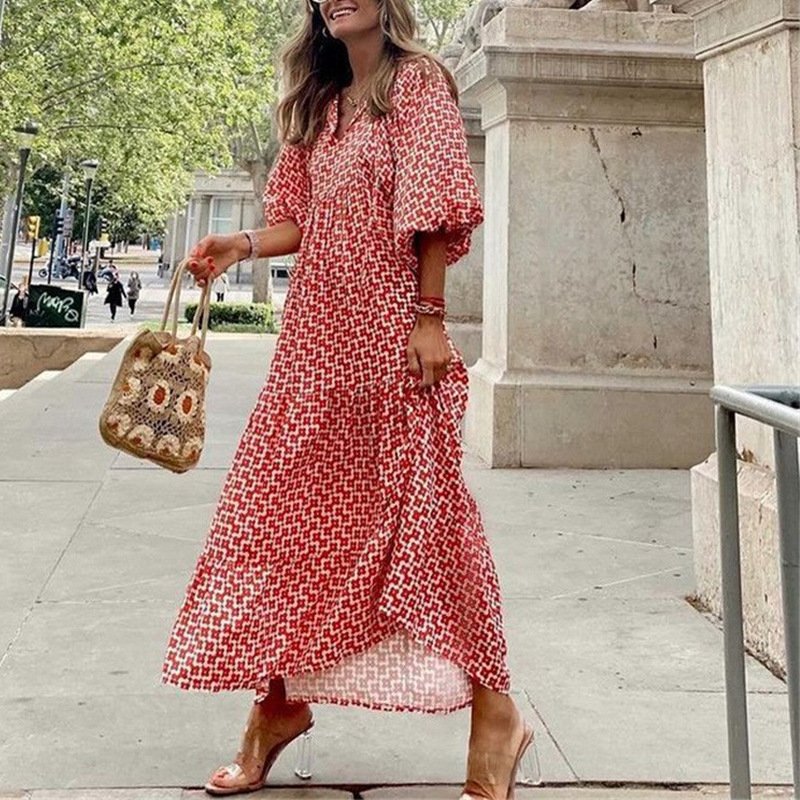 2024 new arrivals Puff Sleeve Maxi Elegant elbise Party Women Summer Casual Beach Floral V-neck Loose Holiday Boho Dress