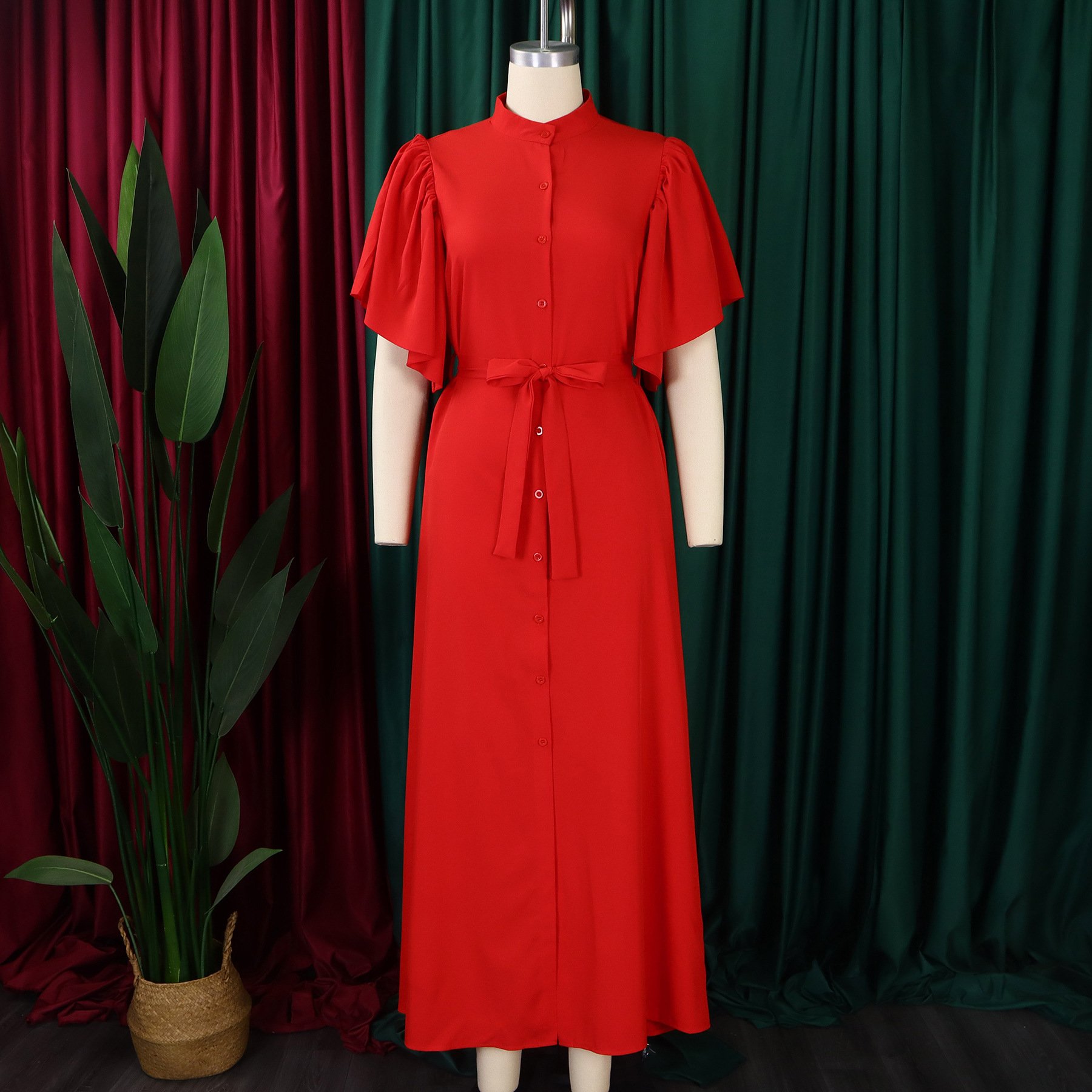 D3270 Trendy Elegant Loose Summer Dress For Women Flare Sleeves Single Breasted Long Dresses Women Casual Ladies Maxi Dress