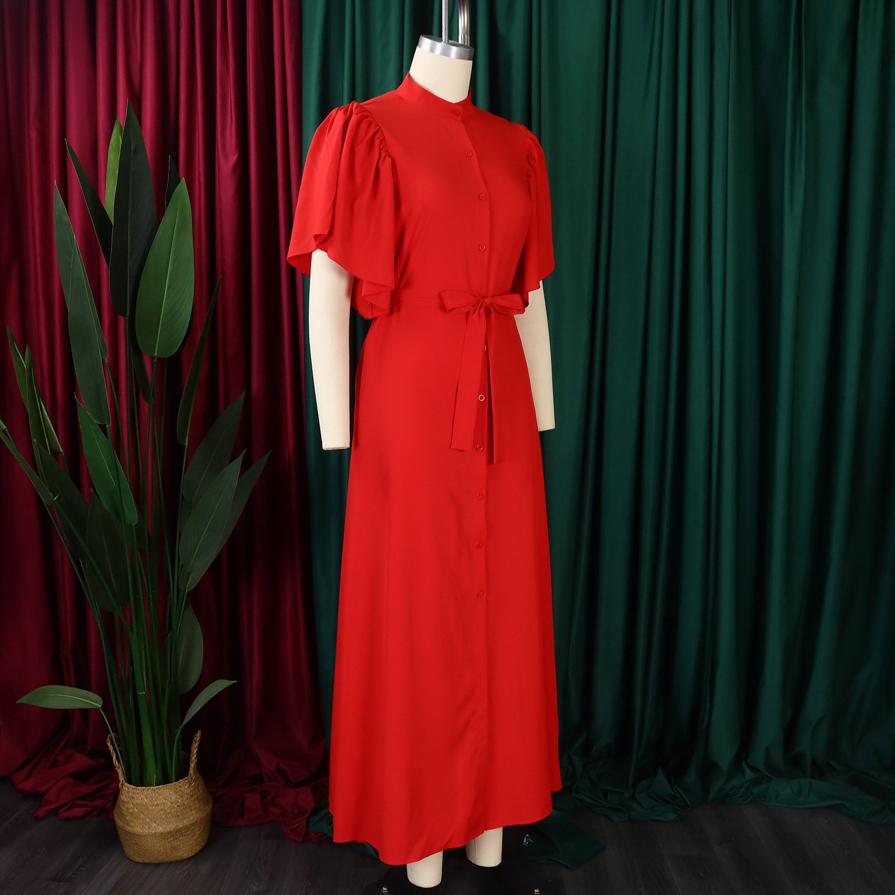 D3270 Trendy Elegant Loose Summer Dress For Women Flare Sleeves Single Breasted Long Dresses Women Casual Ladies Maxi Dress