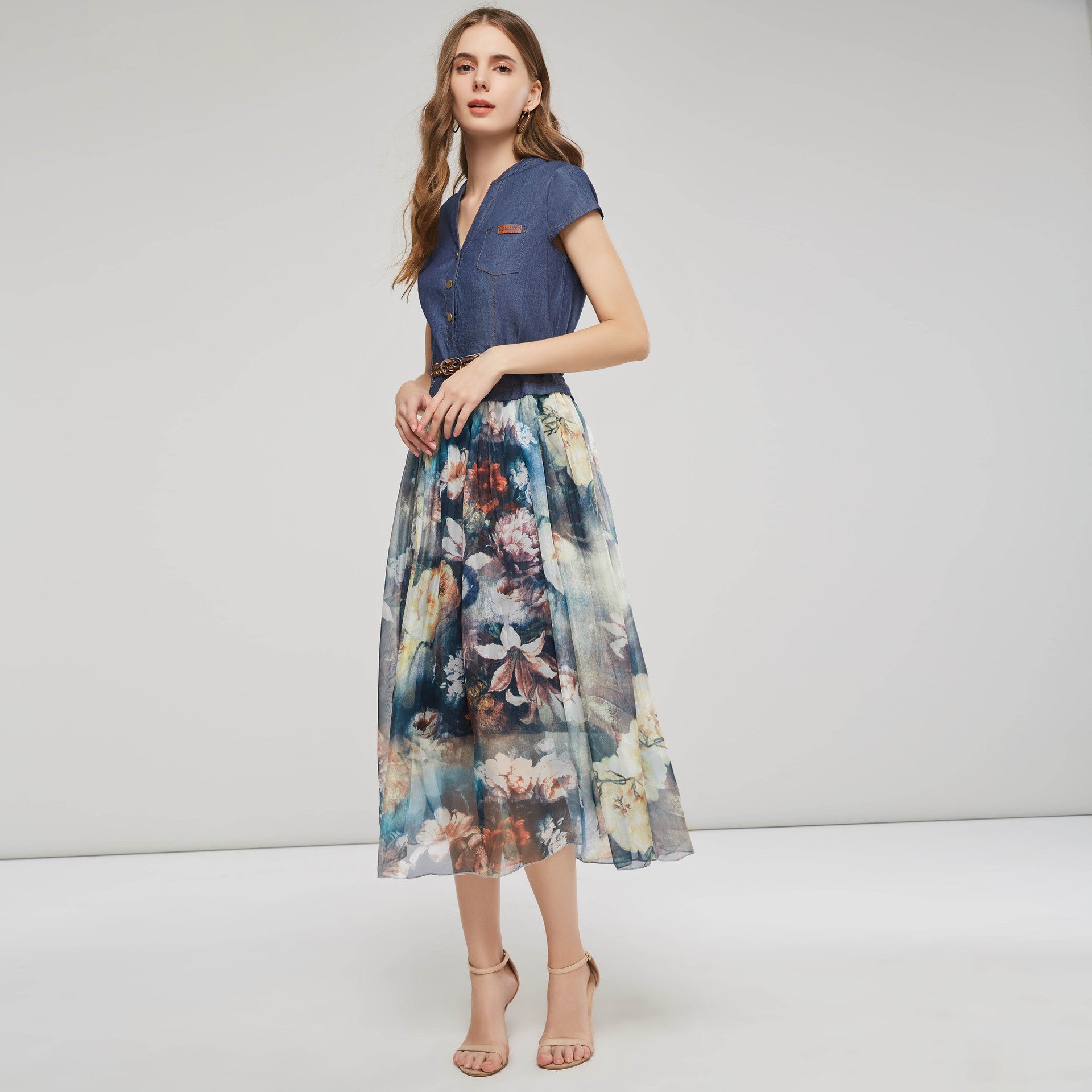 OEM Casual Vintage Office Washed Sleeveless With Belt Undefined Floral Print Ladies Denim Jean Women Dress 2023